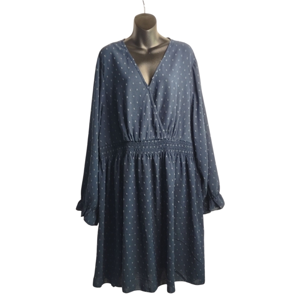 Cicidudu Plus Size Midi Dress Women's Navy Blue V-Neck Longsleeve Textured 4XL